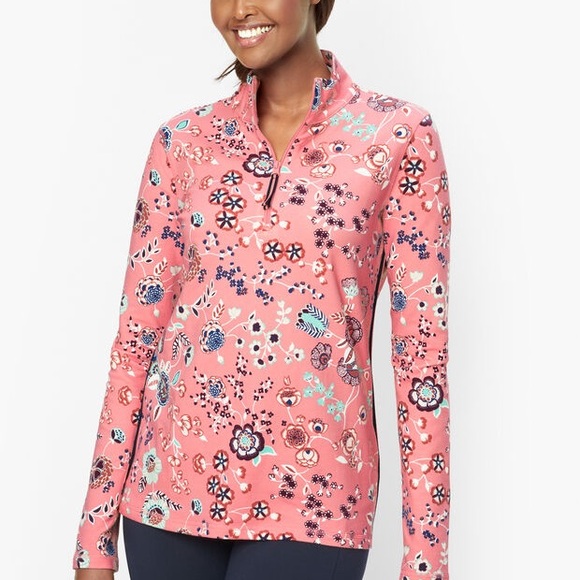 T By Talbots Mockneck Half Zip Pullover Women’s MP Botanical Bouquets Top - Picture 1 of 8